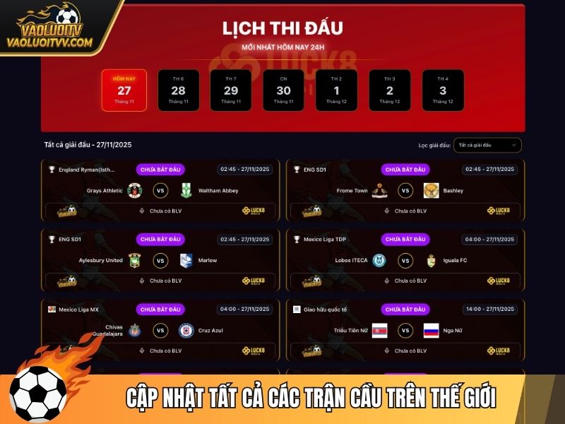 Cập nhật tất cả các trận cầu trên thế giới