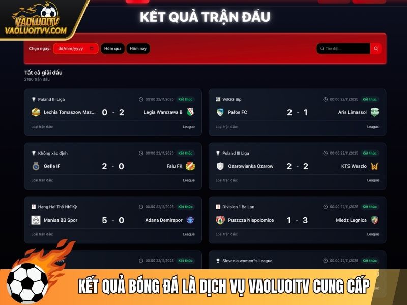 Kết quả bóng đá là dịch vụ Vaoluoitv cung cấp