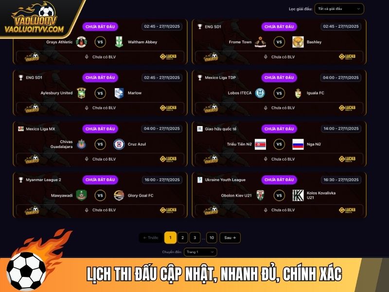 Lịch thi đấu cập nhật, nhanh đủ, chính xác